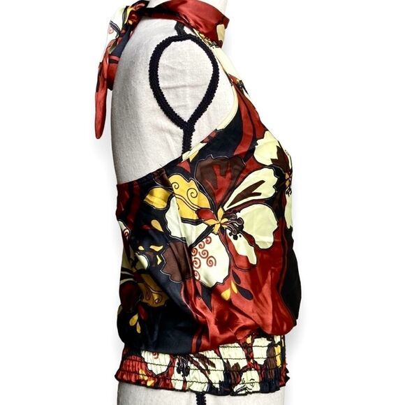 Green Apple Halter floral print self knot neck silky top blouse size Small - Picture 4 of 9